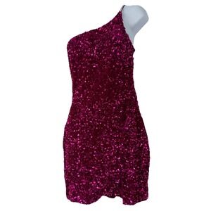 Midnight Doll Pink Velvet Sequin One Shoulder Mini Dress Party Cocktail New Year